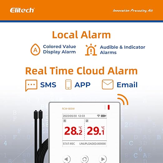 Elitech Wireless Digital Data Logger Remote Real-Time Temperature Monitor Cloud Data Storage SMS/Email/APP/Web Alarm, WiFi Dual External Temp Probe, RCW-800W-TDE(-40~176℉) with Free Cloud Service