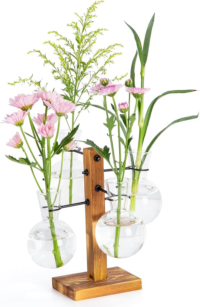 Plant Propagation Station with Wood Stand, Propagation Vases for Plants, Terrarium Kit for Home Office Garden Decor, Gifts for Plant Lovers - 4 Bulb Glass Vases