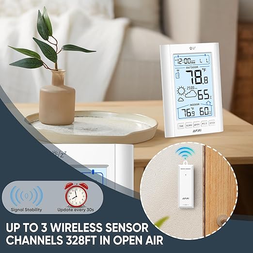 Indoor Outdoor Thermometer Hygrometer Wireless Weather Station - Inside Outside Thermometers Hygrometer Monitor with 330ft Remote Sensor, Battery Powered, Backlight Display (White)