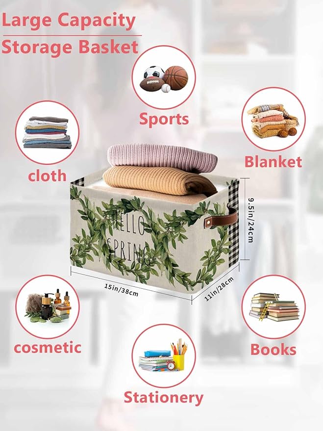 Farmhouse Green Garland Storage Bins Cubes Waterproof Cloth Storage Basket,Spring Vintage Black Plaid Beige Foldable Storage Bags for Shelf Clothes Storages Organizers with Handles 15x11x9.5 in 1PCS