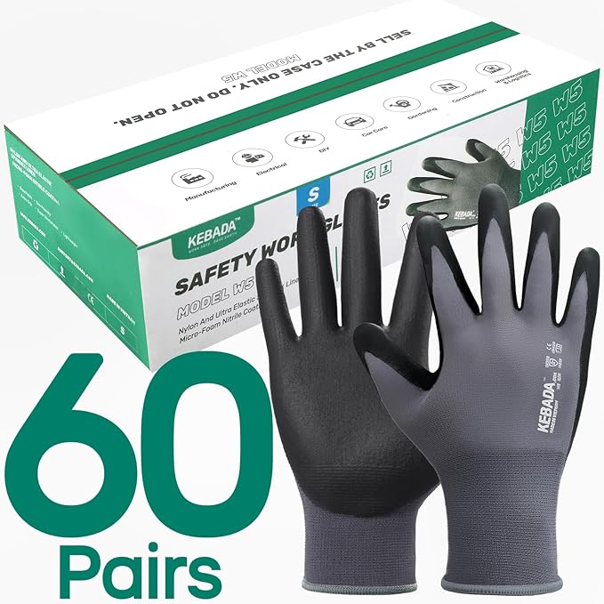 Kebada W5-60 Pairs Bulk Safety Work Gloves Foam Nitrile Coated, Seamless Knit Nylon Glove with Grip, Ideal for Mechanic, Warehouse, Construction & Gardening, XX-Large