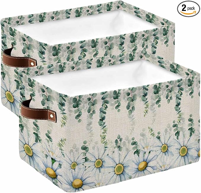 Daisy Eucalyptus Leaves Storage Bins Cubes Waterproof Cloth Storage Basket,Rustic Weeping Botanical Linen Foldable Storage Bags for Shelf Clothes Storages Organizers with Handles 15x11x9.5 in 2PCS
