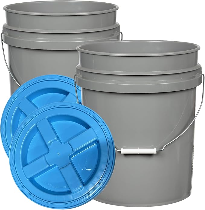 House Naturals 5 Gallon Food Grade BPA Free Made in USA Pails Gray Bucket with Screw On Air Tight Lid (2, Gray with Aqua lids)