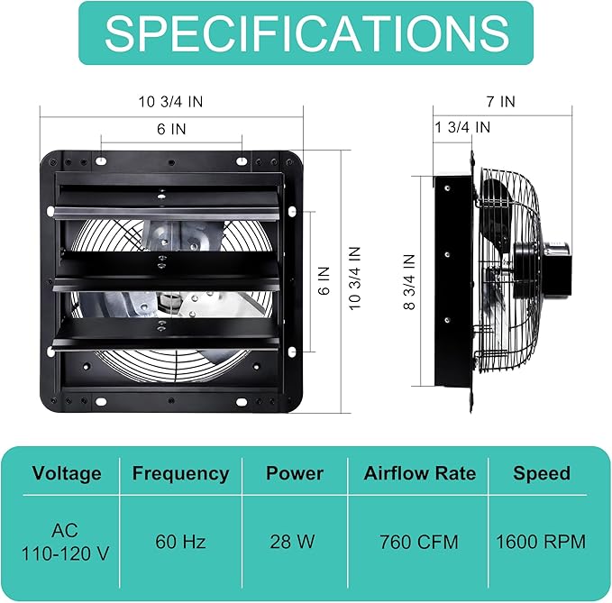 7 Inch Wall Mounted Shutter Exhaust Fan with Thermostat and Speed Controller for Attic, Greenhouse, Shed, Garage, Chicken Coop, Shop, Barn Ventilation, 760 CFM Louvered Vent Fan, Black