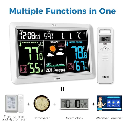 Weather Station with Atomic Clock Indoor Outdoor Thermometer Wireless, Humidity and Temperature Monitor Barometer Hygrometer with High Precision Sensor White