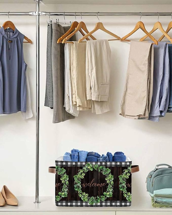 Spring Eucalyptus Leaves Storage Bins Cubes Waterproof Cloth Storage Basket,Farmhouse Botanical Brown Wood Foldable Storage Bags for Shelf Clothes Storages Organizers with Handles 15x11x9.5 in 1PCS