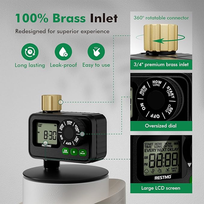RESTMO Sprinkler Timer for Outdoor Hose Faucet 2 Pack, Up to 11h59m Programmable Watering Timer for Soaker Hose, Misting with Brass Inlet & Large Dial, Rain Delay/Manual/Automatic Irrigation System