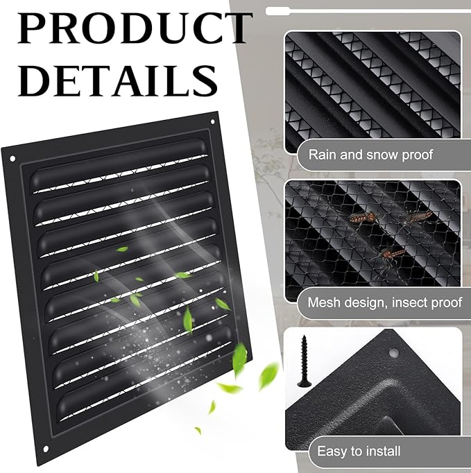 2 Pcs 8" X 8" Attic Vent Metal Shed Vents Gable Vents Louver Vent Grille with Screen Mesh for Home Garage Attic Ceiling, Boost Ventilation and Guard Against Moisture (Black)