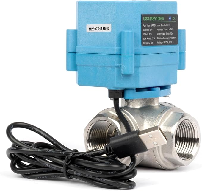 U.S. Solid WiFi Smart Motorized Ball Valve 3/4 inch NPT for Water Control & Irrigation, 3 Way 304SS Electric Valve, USB Plug, LED Indicator, Flow Direction Window, Remote On/Off Control, NSF Certified