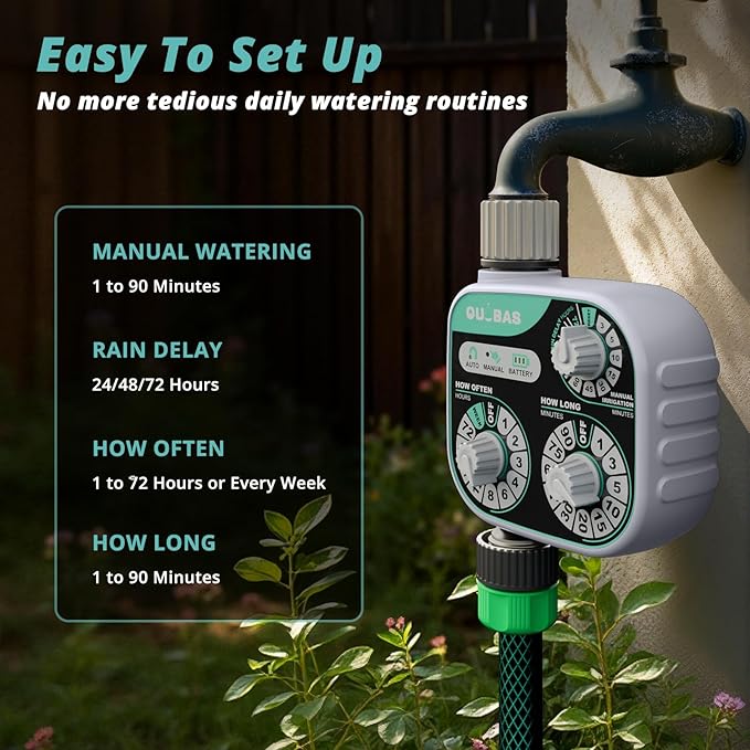 QUOBAS Mechanical Dial Hose Timer, Waterproof Sprinkler Timer with Rain Delay/Auto/Manual Modes for Drip Irrigation System, Pool, Lawn, Durable Metal Fittings, Easy Set 3-Dial Program, Battery Powered