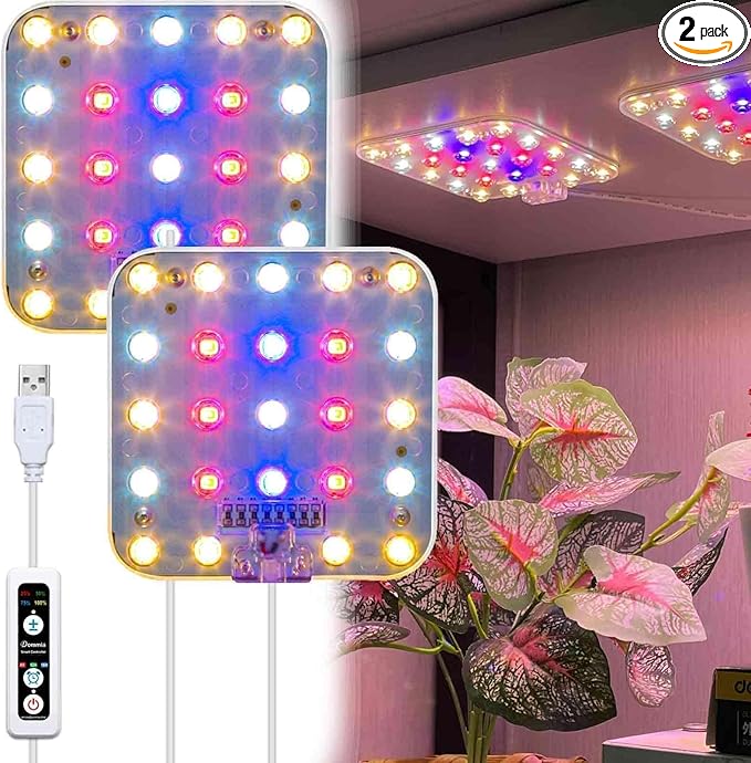 DOMMIA Full Spectrum LED Grow Light for Indoor Plants, 2 Panels 10W with 6/12/16h Timer Dimmable Plant Lights for Flower Veg Plant Growth USB, Pinkish White, 2-Pack