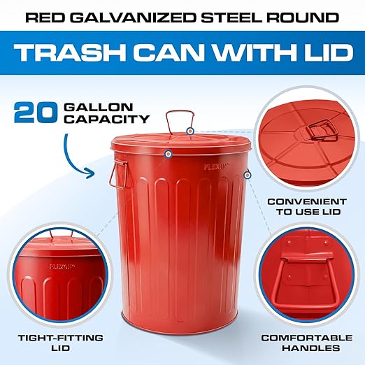 Plexon 20 Gallon Metal Trash Can with Lid Outdoor Large Trash Bin Steel Garbage Can for Garage Patio Farmhouse Bucket Bird Seed Storage Can Heavy Duty Round Container, Red 3 Pack