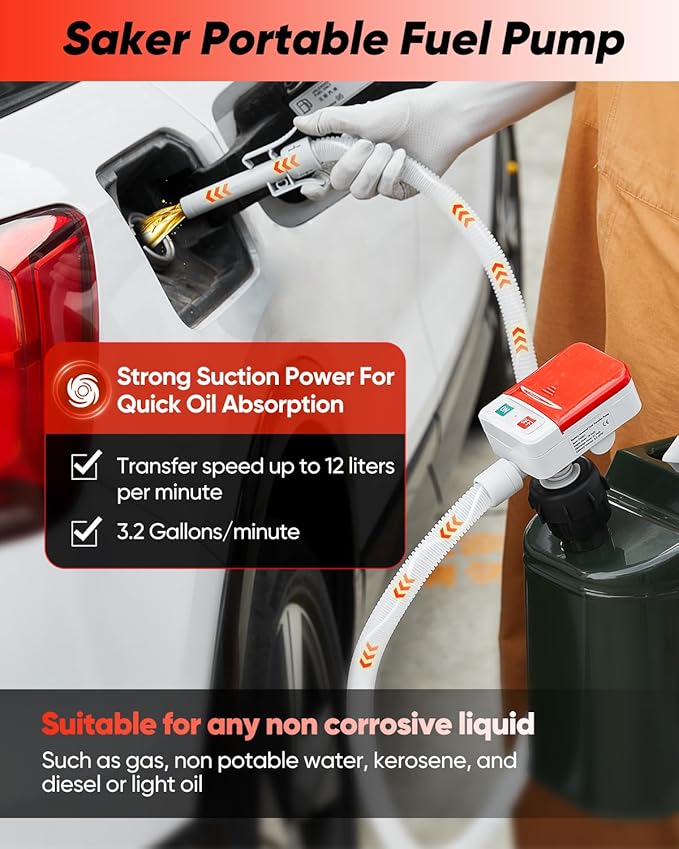 Saker Fuel Transfer Pump Battery Powered, Automatic Portable Fuel Pump with Auto-Stop, 51'' Extra Long Hose, 3.2 Gallon per Min, 3 Can Adapters, for Gasoline, Diesel and Oil