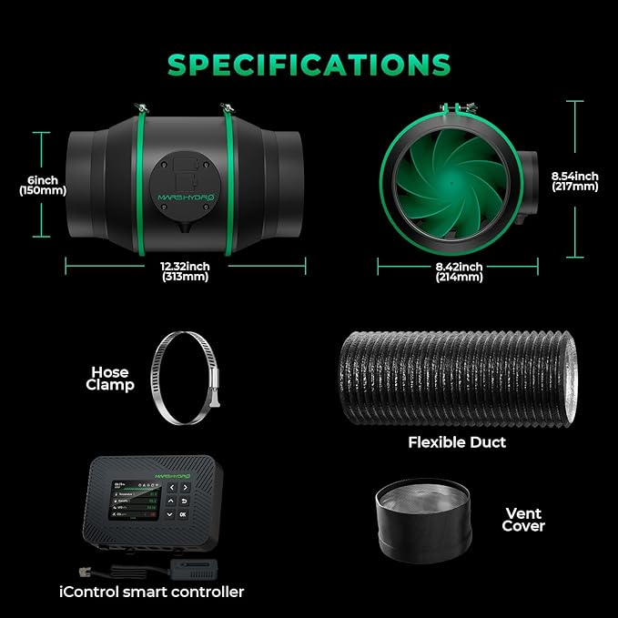 MARS HYDRO 6 inch Grow Tent Ventilation System Kit, Inline Duct Fan with iControl Temperature & Humidity Controller, App Remote Control, Carbon Filter Combo +25Ft Ducting,Air Filtration Kit