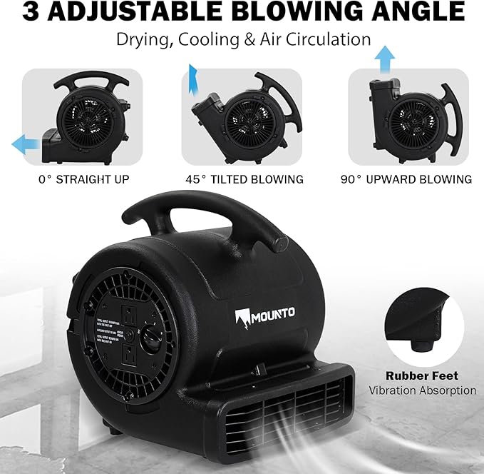 MOUNTO 1/4hp 1000CFM 2 Speed Air Mover Carpet Dryer Floor Fan Cooling Fan (Black)