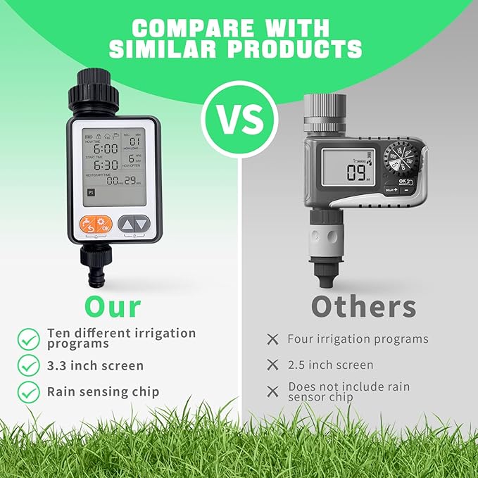 Water Timer for Garden Hose, 10 Programmable Sprinkler Timer with with Auto Rain Delay, IP54 Waterproof 3.3“ Large LCD Drip Irrigation System Timers for Plant, Yard, Lawns, Outdoor