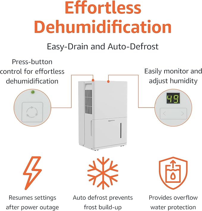 Amazon Basics 50-Pint Large Dehumidifier with Humidity Control, Timer, Auto-Defrost, Overflow Protection, Washable Filter for Rooms up to 4000 SFT, White