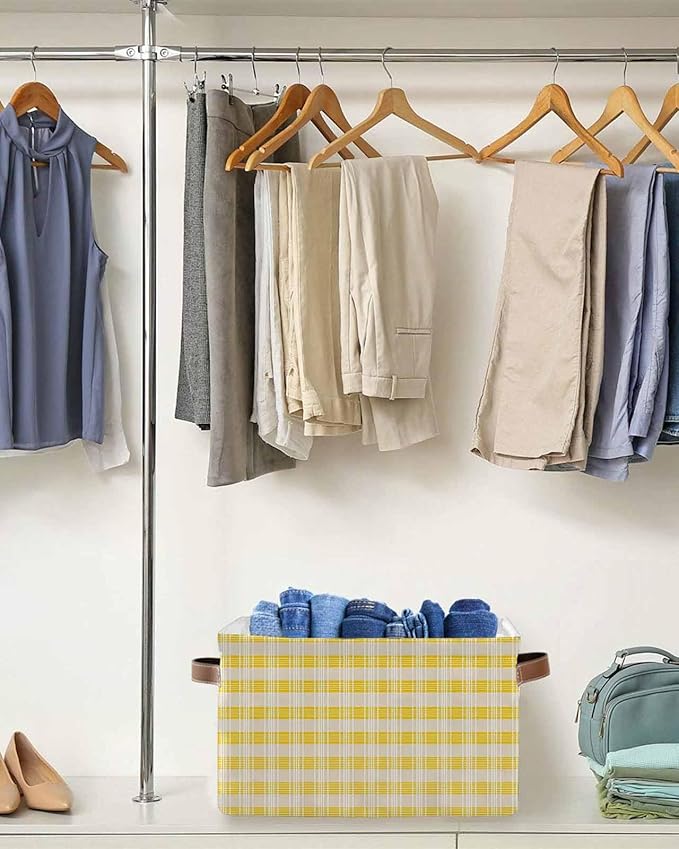 Yellow Plaid Striped Storage Bins Cubes Waterproof Cloth Storage Basket,Farmhouse Checkered Modern Abstract Art Foldable Storage Bags for Shelf Storages Organizers with Handles 15x11x9.5 in 2PCS