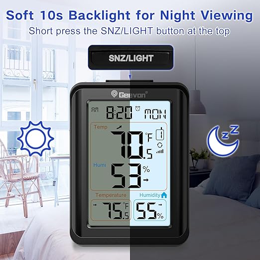 Geevon Indoor Outdoor Thermometer for Seniors – Digital Temperature & Humidity Monitor with Alarm Clock, 3.8" Large Display, Backlight, 3 Channels, Battery Operated for Home, Bedroom, Greenhouse