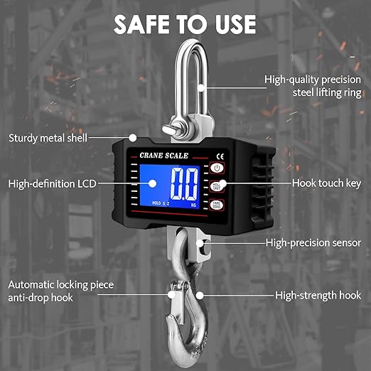1000kg Heavy Duty Crane Scale, Digital Hanging Scale with Backlit LCD, Data Hold, Tare & Unit Switch, Auto Off, Aluminum Alloy Industrial Scale for Factory Construction Farm