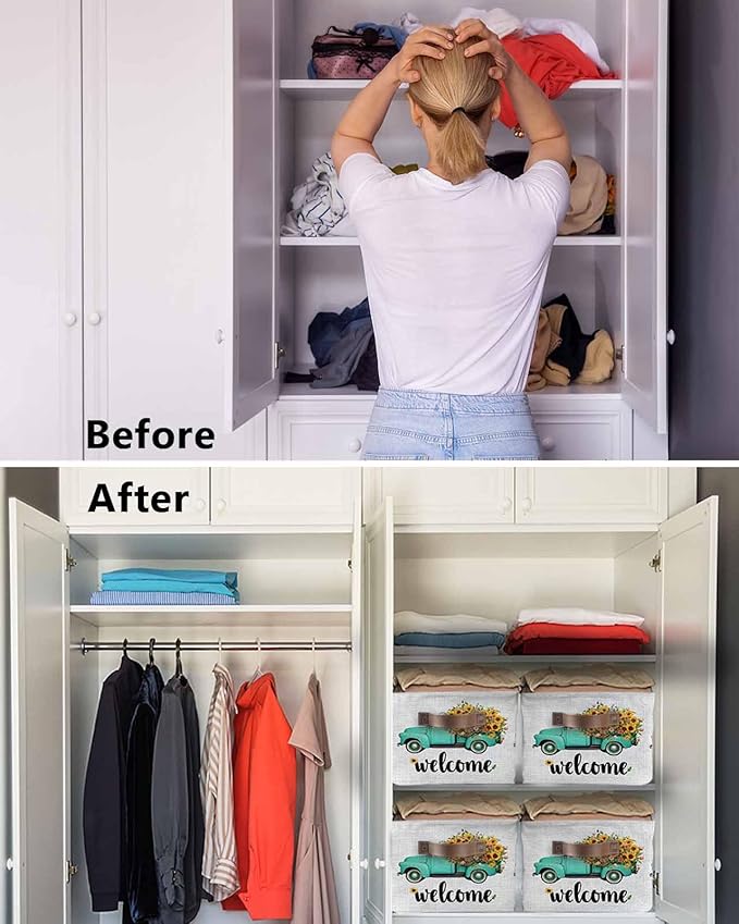 Country Sunflowers Storage Bins Cubes Waterproof Cloth Storage Basket, Welcome Rustic Truck Floral Farmhouse Foldable Storage Bags for Shelf Closet Clothes Organizers with Handles 15x11x9.5 in 1PCS