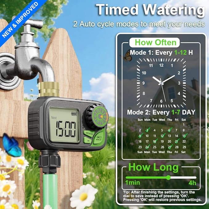 Sprinkler Timer Water Hose Timer - Programmable Digital Irrigation Outdoor Waterproof with Rain Delay, Manual, Automatic Watering System for Yard, Lawn, and Garden Hose Brass Inlet 1 Outlet