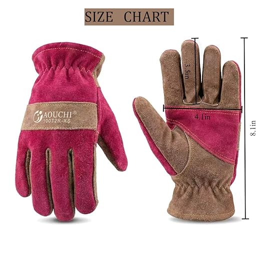 Leather Work Gloves for Women with Cotton Lining, Thorn Proof Gardening Gloves for TIG/MIG Welding, Construction (Rose Red, X-Small)
