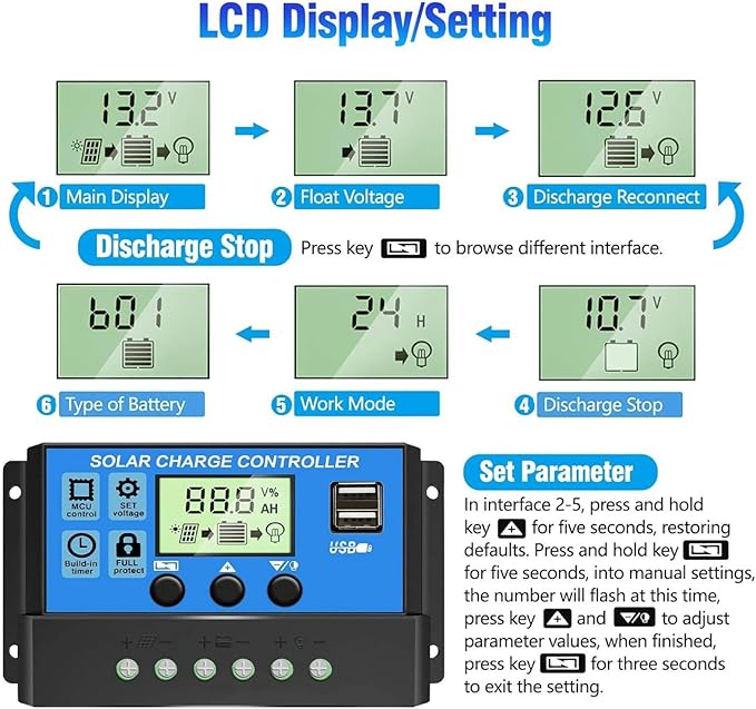 [Upgraded] 30A Solar Charge Controller, 12V/ 24V Solar Panel Regulator with Adjustable LCD Display Dual USB Port Timer Setting PWM Auto Parameter