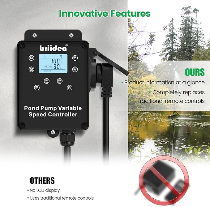 briidea WiFi Variable Speed Waterfall Pump Controller with App Control, Timer, 3 Modes, 10 Level Flow Control, LCD Display, Compatible with PGPSPEPAPBPCTT Series Pumps up to 900W for Koi Ponds, HSCR