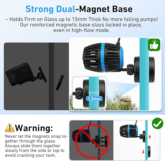AQQA Magnetic Wave Maker for Aquarium - DC 12V Circulation Pump with External Controller, 4-Speed Adjustable Flow & Feeding Mode, Submersible Powerhead for Freshwater Saltwater Tanks (8W 950GPH)