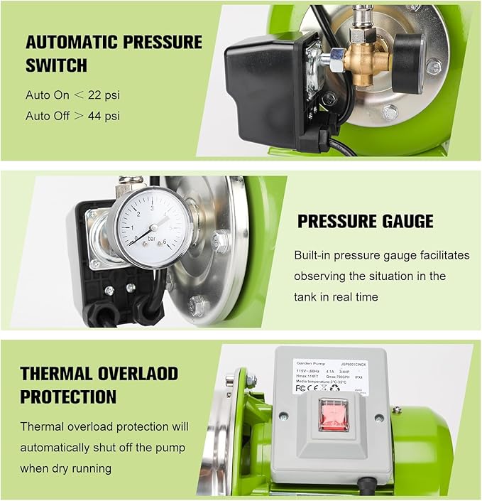 3/4HP Shallow Well Pump with Pressure Tank, 115V, Stainless Steel Irrigation, Automatic Water Booster Jet Pump for Home, Garden, and Lawn Use – Reliable Water Supply Solution