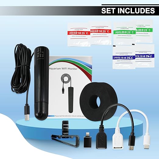 Water Quality Tester 7-in-1 WiFi Aquarium Probe Water Monitor for pH, Temp, TDS, Salinity, EC, ORP, S.G with Real-Time Alerts via App for Fish Tanks, Hydroponics, Pools