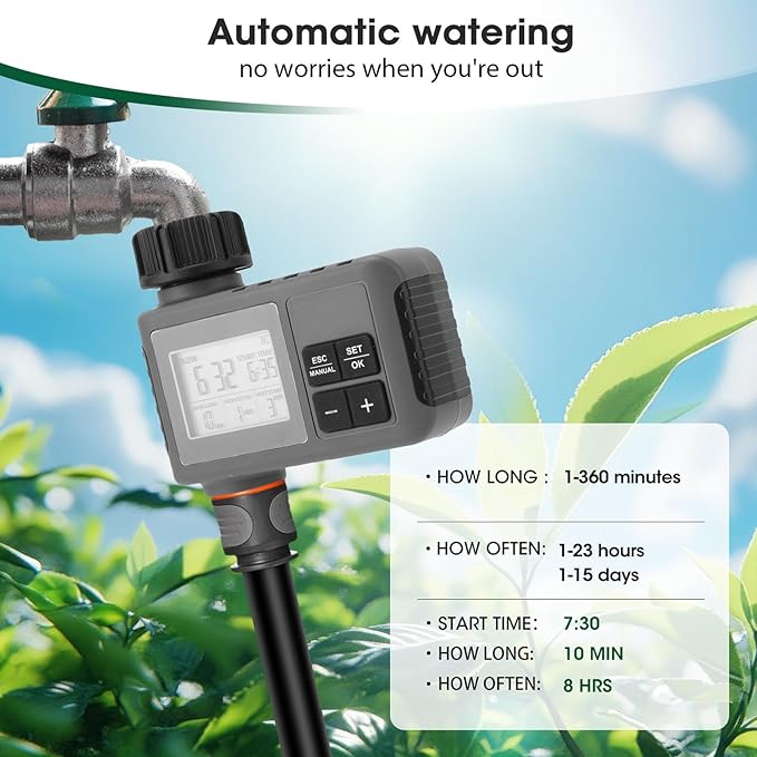 Outlet Sprinkler Timer, Digital Water Timer for Garden Hose with Rain Delay, Automatic & Manual Watering System for Yard Lawn Irrigation