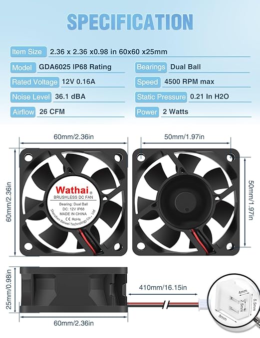 Wathai IP68 60mm x 25mm DC 12V Waterproof Cooling Fan 12 Volt Dual Ball High Speed DIY for Amplifier, RV Refrigerator, PSU, Electronic Components Equipment Ventilation