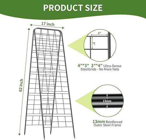 100% Metal Cucumber Trellis for Raised Bed,62"x17" A-Shape Garden Plant Support for Climbing Plants, Heavy Duty Metal Garden Trellises Plant Support for Vine Vegetables Outdoor (Black, 62x17inch(H*W))