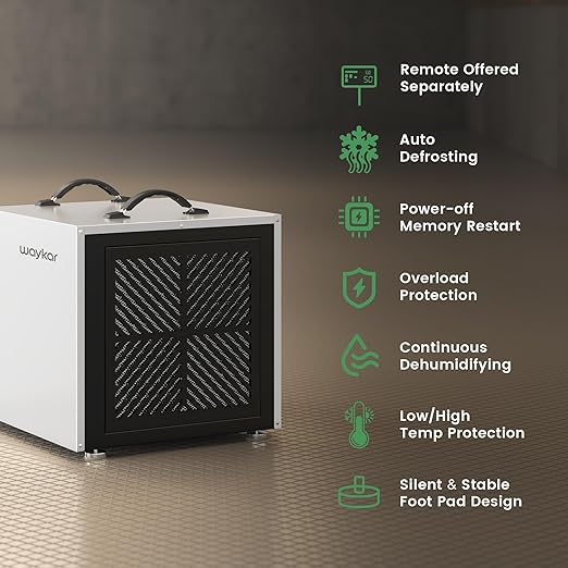 Waykar 158 Pint Commercial Dehumidifier with Pump and Drain Hose for Crawl Spaces, Basements, Ducted Industrial Use, and Water Damage Unit, for Spaces up to 7500 Square Feet, Smart Humidity Control
