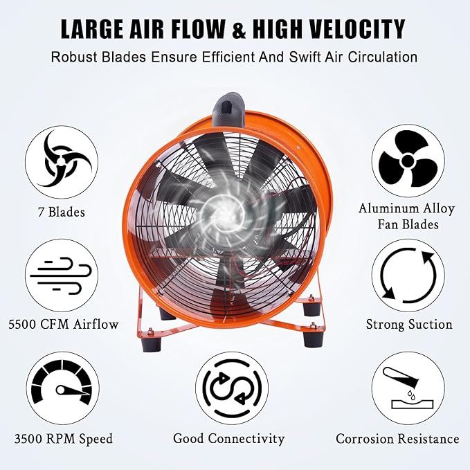 Portable Utility Blower Fan with 33ft Duct Hose, 12" 580W 3500 CFM Heavy-Duty Exhaust Fan, High-Speed Industrial Blower for Workshop Ventilation, Crawl Spaces, Basement, and Confined Areas