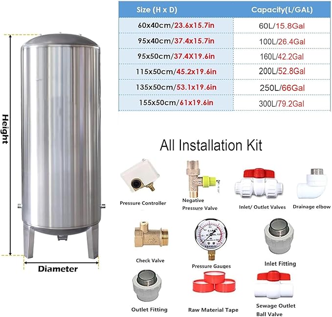 304 Stainless Steel Pressurized Water Tank, 15-80 Gallon Well Pump Air Tank, Automatic Vertical Pressure Tank, Large Capacity 100L (26.4 Gal) for Home & Garden Use
