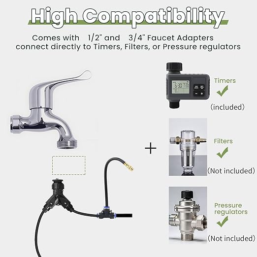 100FT Smart Drip Irrigation System with Water Timer – Automatic Garden Watering System with 360° Bendable Hose & 24 Adjustable Nozzles for Garden, Yard, Lawn,Compatible with 3/4" & 1/2" Hose