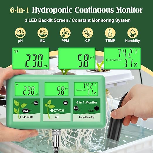 pH EC Continuous Monitor for Hydroponic, 6 in 1 WiFi EC PPM CF pH Meter, Digital pH TDS Temp Humidity Conductivity Monitor for DWC Hydroponic System, Aeroponic Gardening, Aquaponic