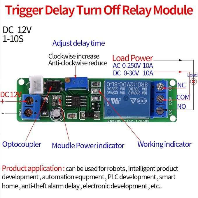 DC 12V Adjustable Delay Timer Module with 1–10 Second Off-Delay Relay Switch for Automotive Electronics, Industrial Control and DIY Projects