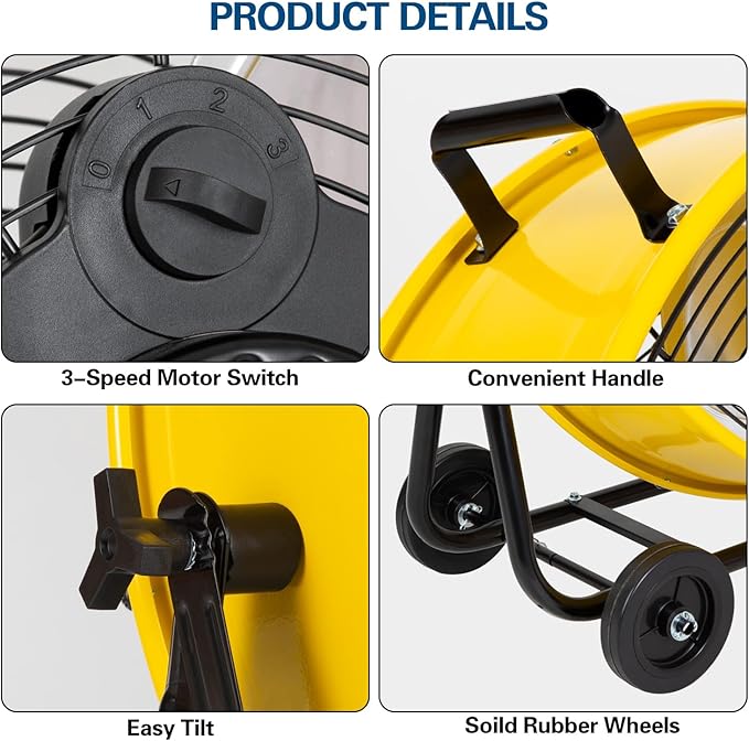BILT HARD 24" 8100 CFM High Velocity Drum Fan, 3 Speeds Heavy Duty Tilt Metal Floor Shop Fan, Commercial Industrial Use for Garage, Factory, Warehouse, Yellow