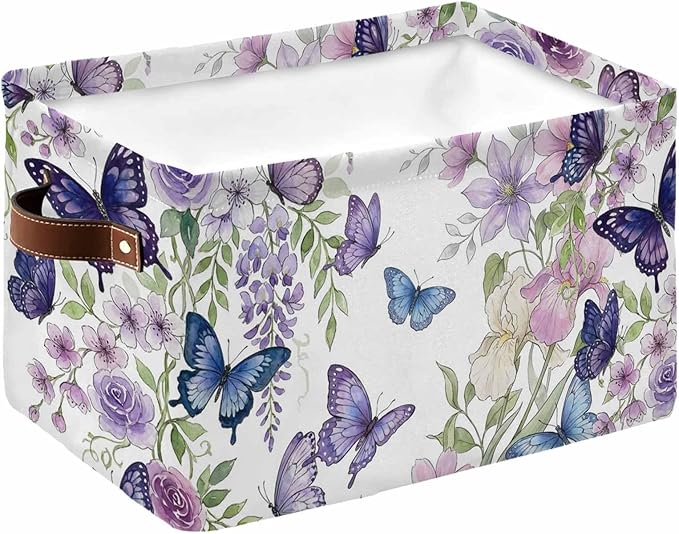 Pink Flowers Storage Bins Cubes Waterproof Cloth Storage Basket,Spring Floral Purple Butterflies Watercolor Foldable Storage Bags for Shelf Clothes Storages Organizers with Handles 15x11x9.5 in 1PCS
