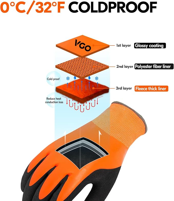 Vgo... 0°C/32°F Winter Double Lined Work Gloves for Men,Cold Storage,Freezer Use,Rubber Latex Coated,Touchscreen(M,Orange,RB2172FL)