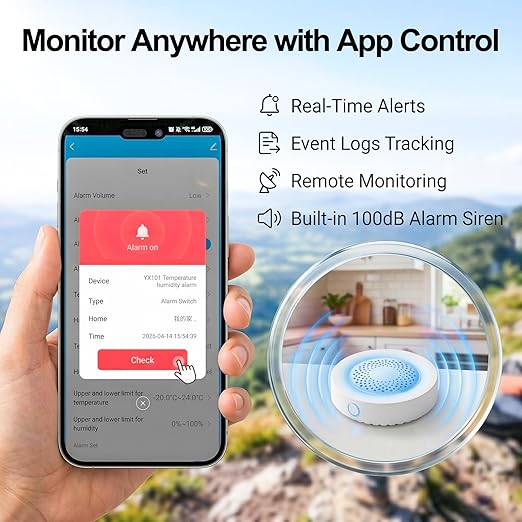 eMylo WiFi Temperature Humidity Sensor with 100dB Siren Alarm, Smart Indoor Thermometer Hygrometer, App Remote Monitoring & Real-Time Alerts for Home, Baby Room, Greenhouse, Wine Cellar