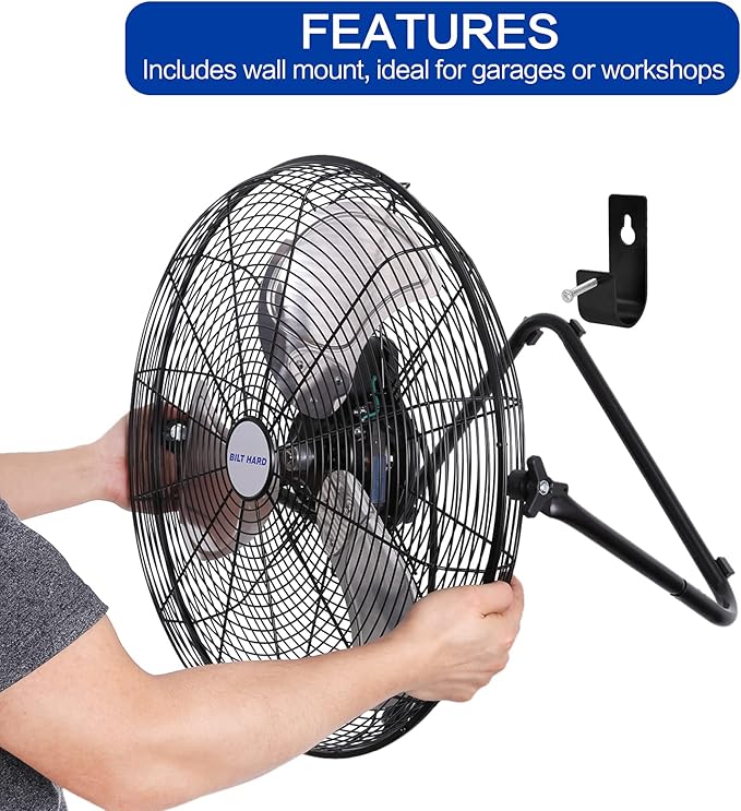 BILT HARD 4650 CFM 20" High Velocity Floor Fan, 3-Speed Heavy Duty Metal Fan with Wall-Mounting System, Industrial Shop Fan for Commercial, Garage, and Greenhouse