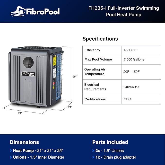 FibroPool FH235-i Full Inverter Pool Heat Pump – Electric Pool Heater for Pools up to 7,500 Gallons, Wi-Fi App Control, High Efficiency Titanium Heat Exchanger, No Gas Needed