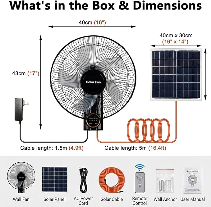 16" Solar Barn Fan for Chicken Coop and Greenhouse, Exhaust Wall Mount Fan with Remote, 16ft Extension Cable AC/Solar Dual Power, 90° Oscillating Waterproof Garage Cooling System