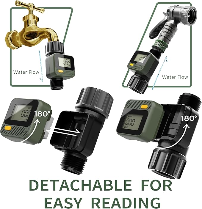 Diivoo Water Flow Meter with 180° Removable Panel, 4 Measure Modes, ±5% High Accuracy and IP54, Measure Gallon/Liter Consumption and Flow Rate for Garden Hose Watering, RV Water Tank Filling 2 Pack