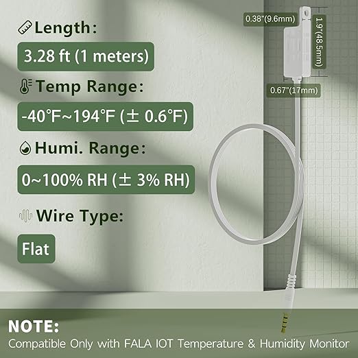 External Flat Temperature & Humidity Sensor Probe – Waterproof, (-40°F to 194°F, 0 to 100% RH), 3.2ft Length for Greenhouse, Farm, Freezer & Industrial Use, Only for FALA IOT Detector